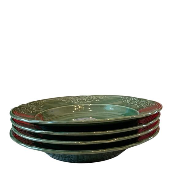 Villa Stoneware Portugal Green Ceramic Bowls 9.5" Floral Border Set of 4 NEW - Picture 11 of 14